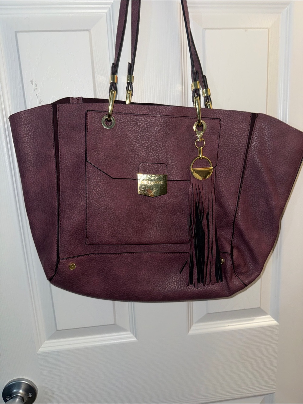 Steve Madden Plum Pebbled Tote with Tassel Charm and Gold Hardware
